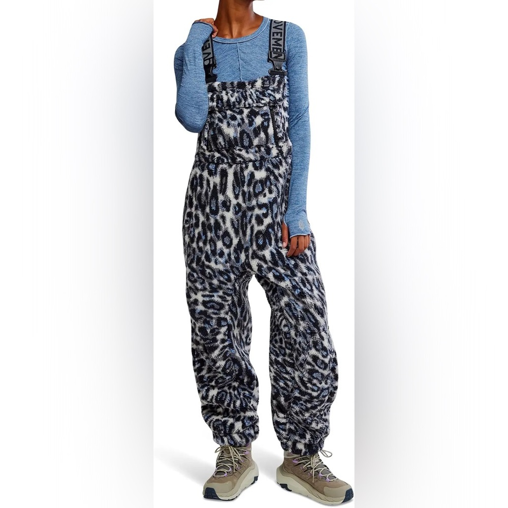 FREE PEOPLE Hit The Slopes Fleece Overalls In Snow Leopard Combo, LARGE